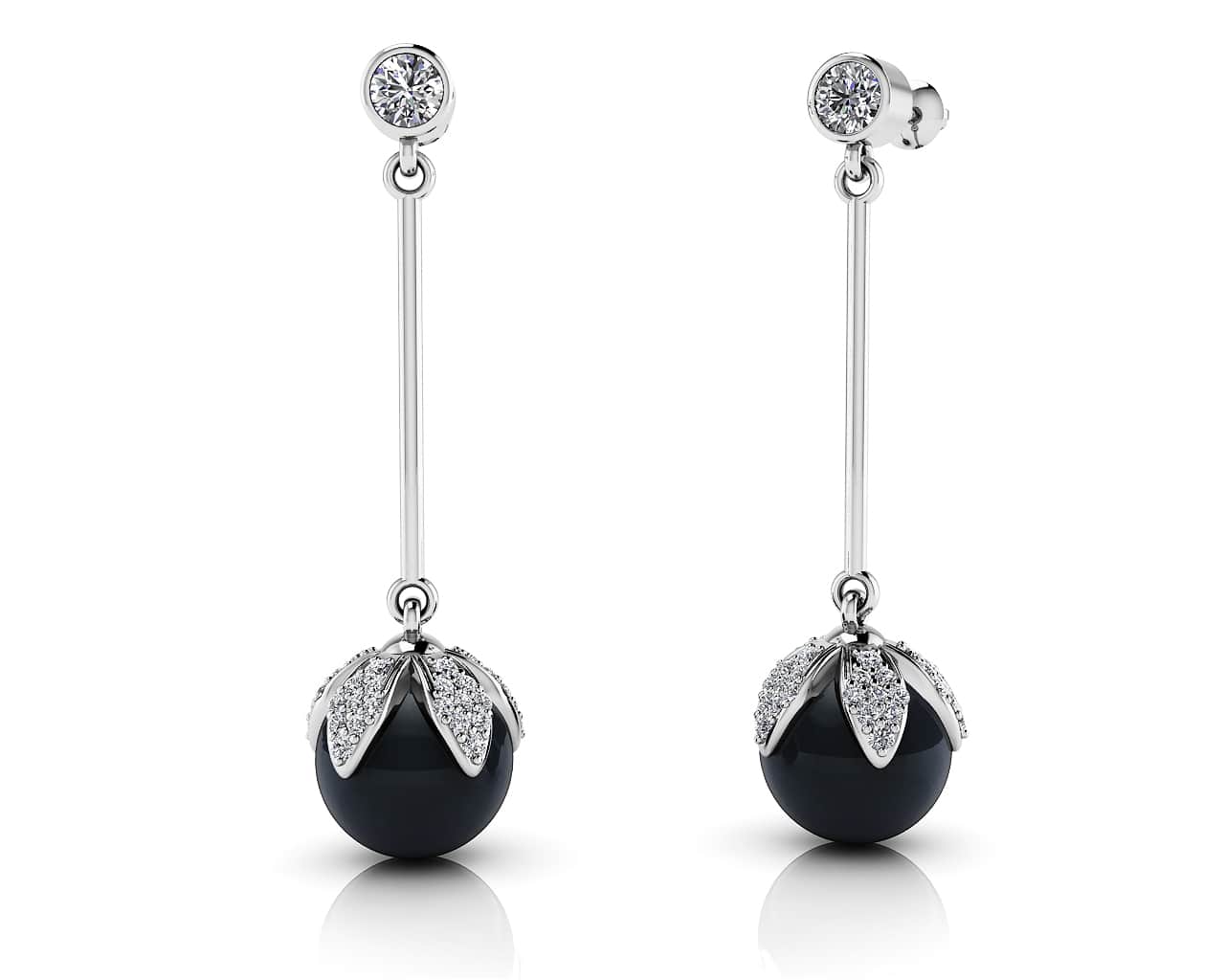 Midnight Black Pearl Drop Earrings Diamond with 0.72 ct.(finished) 1mm, 1.2mm, 3mm